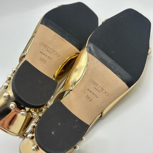 JIMMY CHOO Hya 45 Gold Metallic Slingback Heels Pearl Trim Square Sz 39.5 $995 - Picture 8 of 9